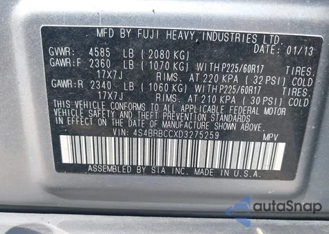 2013 Subaru Outback 2.5I Premium из США, поврежденный, VIN 4S4BRBCCXD3275259